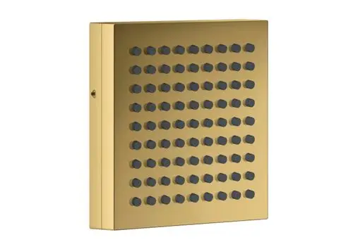 Goldene, rechteckige Duschbrause mit schwarzem Düsenmuster. Die Oberfläche zeigt ein glänzendes Finish. Produkt gehört zur AXOR Kollektion.